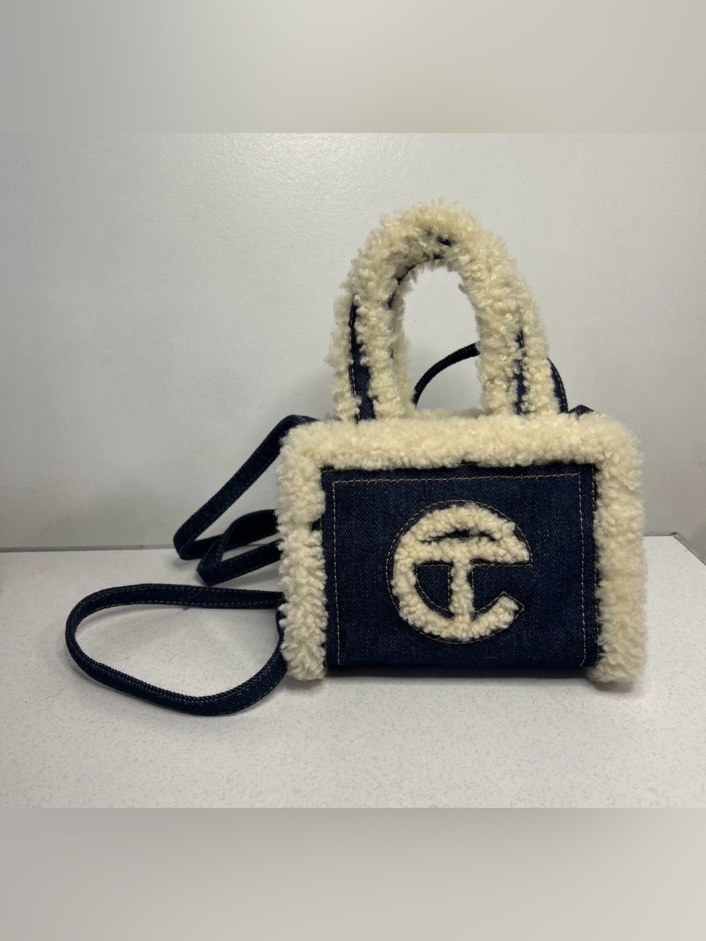 UGG X Telfar Small Denim Shopper Crossbody Bag with Shearling